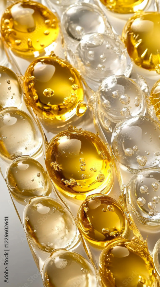 Aufkleber golden liquid drops and bubbles create an abstract composition in a bright setting