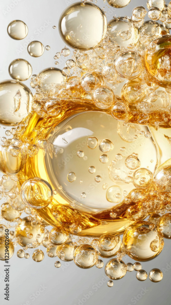 Poster golden liquid drops and bubbles create an abstract composition in a bright setting