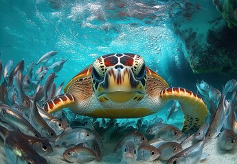 Fototapeta premium Close-Up of a Colorful Sea Turtle Surrounded by Small Fish in Clear Tropical Waters Underwater Photography