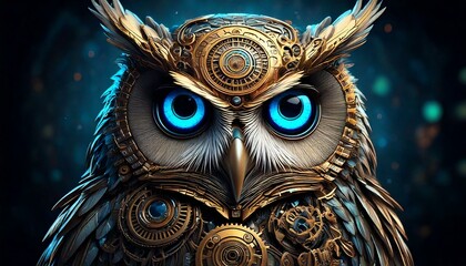 Fototapeta premium steampunk mechanical owl with gears and glowing blue 