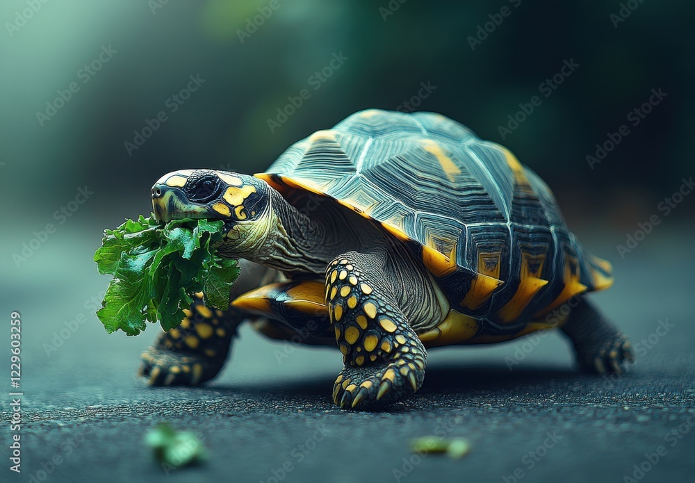 Poster close-up of a colorful turtle enjoying fresh green salad leaf in natural setting, showcasing vibrant