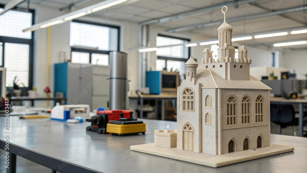 Poster printed prototype of building model on table in workshop