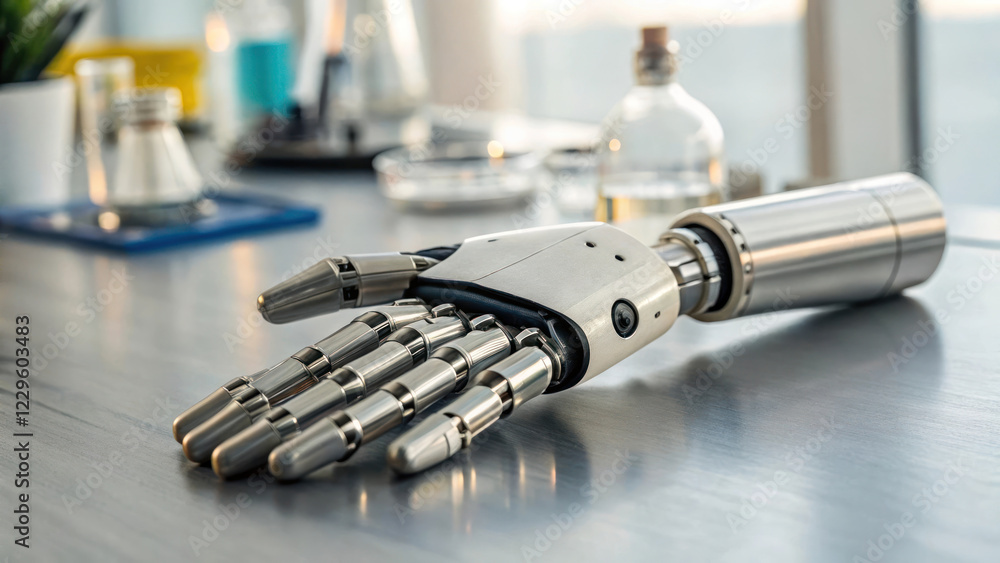 Poster bionic prosthetic hand resting on table, showcasing advanced technology and design. setting includes