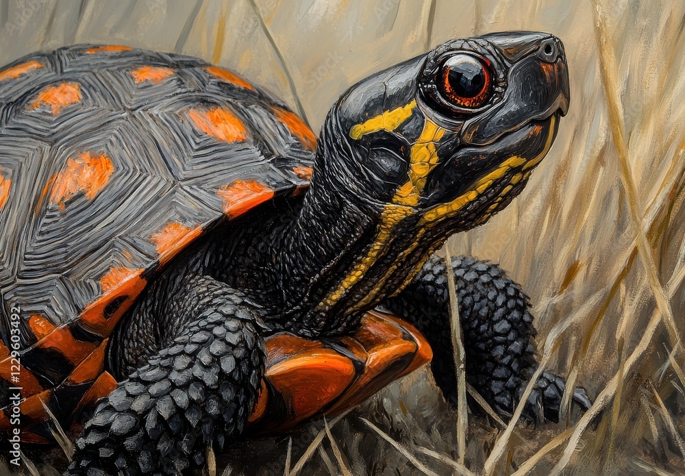 Poster close-up of a colorful turtle in natural habitat with bright orange spots and detailed shell pattern