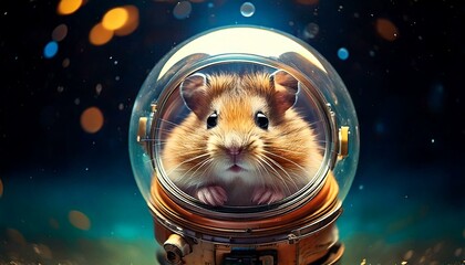 hamster astronaut floating inside a bubble helmet, space adventure- 