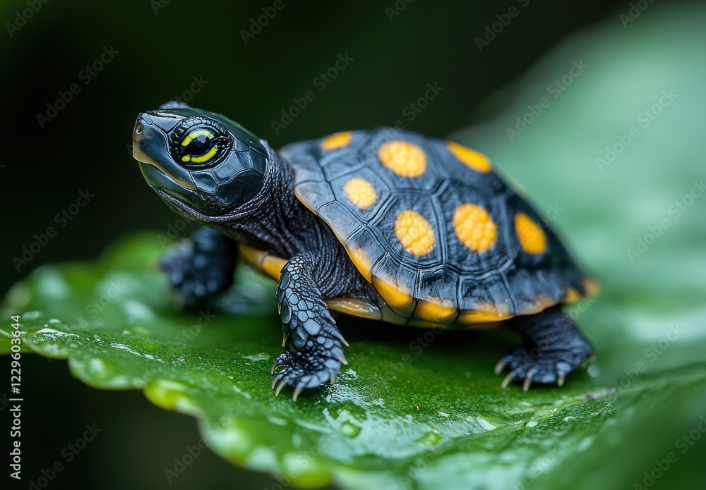 Poster close-up of a colorful turtle resting on a leaf in a lush green environment with vibrant textures an