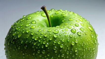 Crisp, high-res PNG: juicy green apple, glistening with water droplets, perfectly composed using the rule of thirds.
