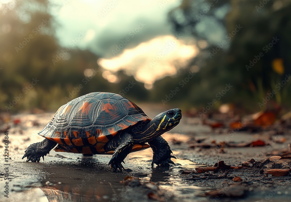 Poster close-up of a colorful turtle walking on a wet path surrounded by nature with soft lighting and blur