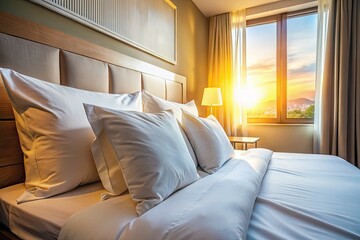 Crisp white pillows and sheets; a cozy hotel room bathed in serene sunrise light.