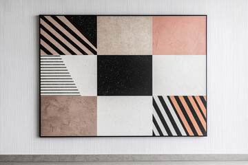 modern wall art piece featuring geometric patterns in various colors, including black, white, and peach tones, creating stylish and contemporary atmosphere