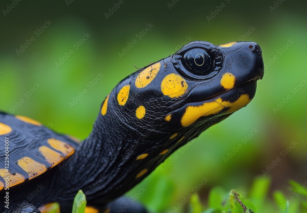 Poster close-up of a colorful turtle with distinct yellow spots against a lush green background in a natura