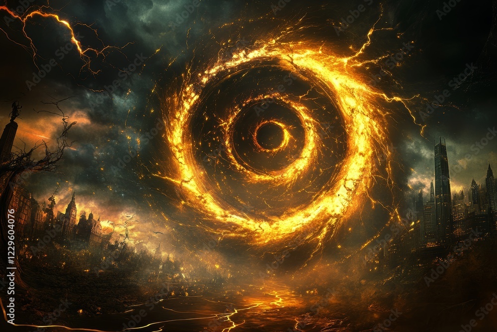 Poster a fiery circle with a hole in the middle. the circle is surrounded by a dark background with a storm