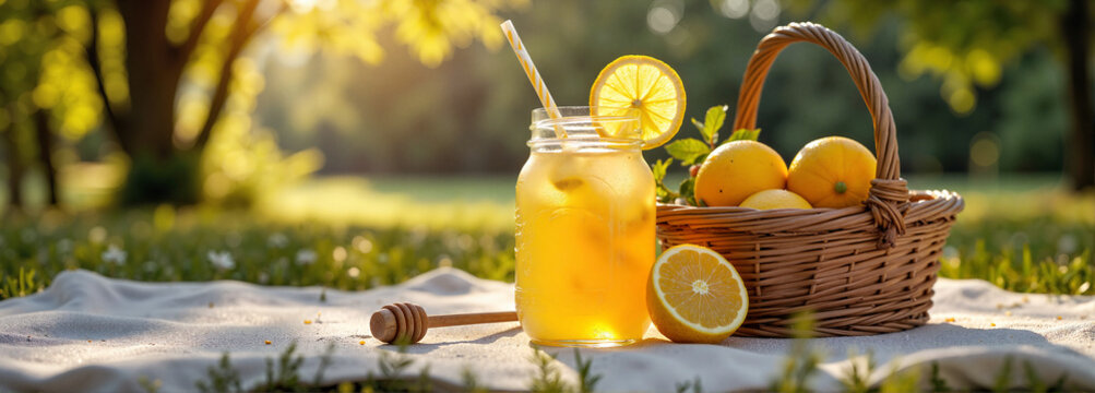Refreshing honey lemonade in a mason jar on picnic blanket, summer charm - Powered by Adobe