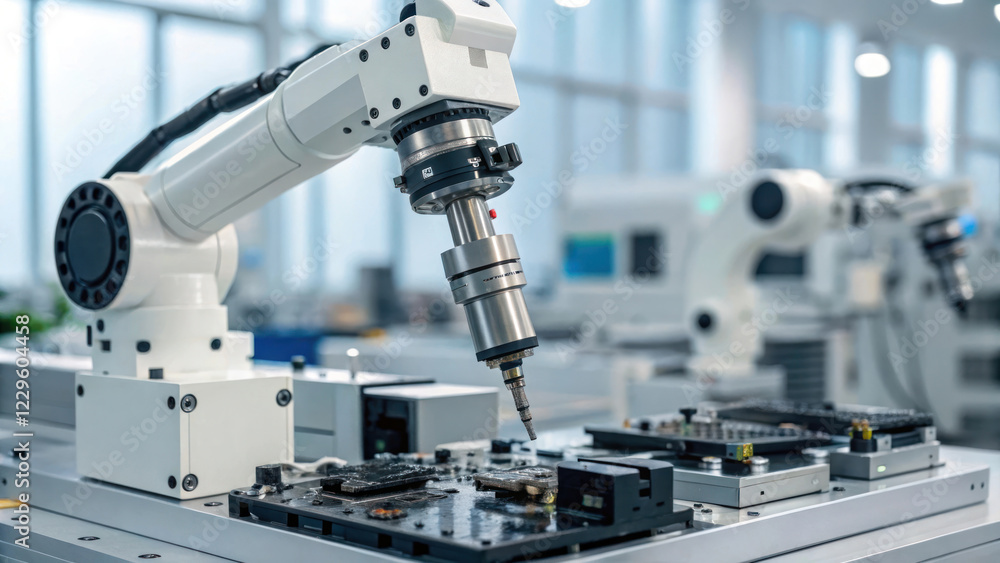 Poster automated robotic arm working on electronic components in modern factory
