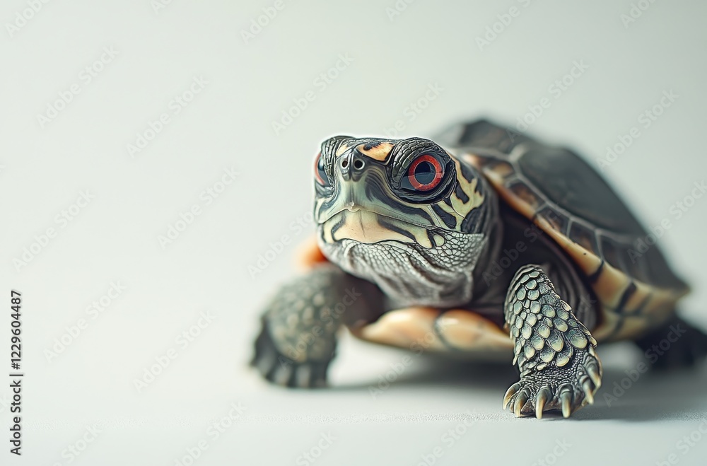 Poster close-up of a colorful turtle with striking red eyes posing against a soft neutral background for na