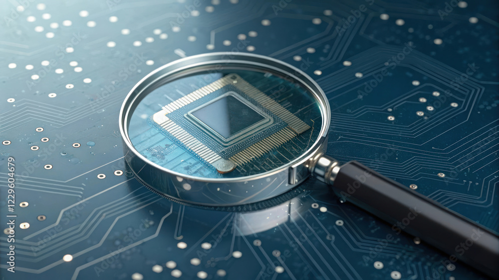 Aufkleber futuristic microchip under magnifying glass, showcasing intricate details and circuit patterns
