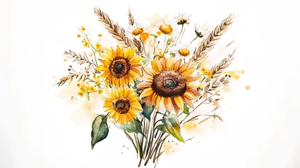 Poster de jardin  Charming Rustic Watercolor Depiction of Sunflowers and Wheat Blossoms  © Rostyslav