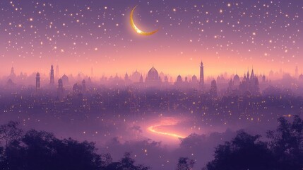 Fototapeta premium Magical city skyline under crescent moon starry night