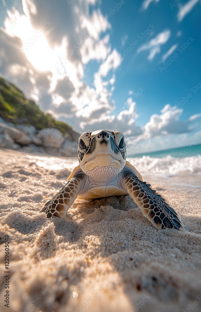 Poster close-up of a curious sea turtle crawling on sandy beach under bright sky with soft clouds in the ba