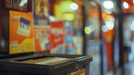 Close-up of a voting ballot box surrounded by election posters and campaign signs, representing the democratic process and commitment to the future.