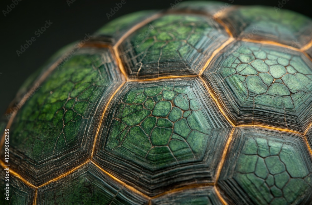 Poster close-up of a detailed turtle shell with intricate patterns and rich textures in vibrant natural col