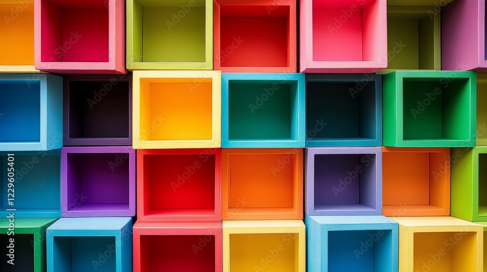 Poster a row of colorful boxes with the top one being yellow. the boxes are stacked on top of each other