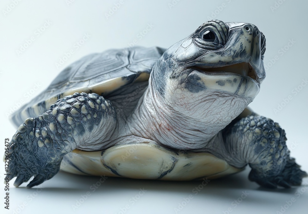 Poster close-up of a freshwater turtle with smooth shell and expressive eyes on light background ideal for 