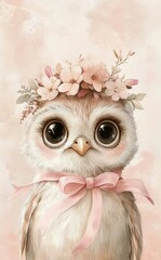 Obraz premium Cute owl wearing a floral crown with a big bow for a charming setting