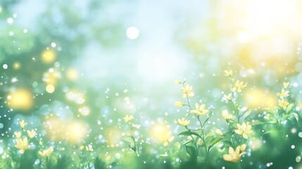 Obraz premium Beautiful sunny spring meadow with green grass and blue sky. Abstract background with light bokeh and space for text