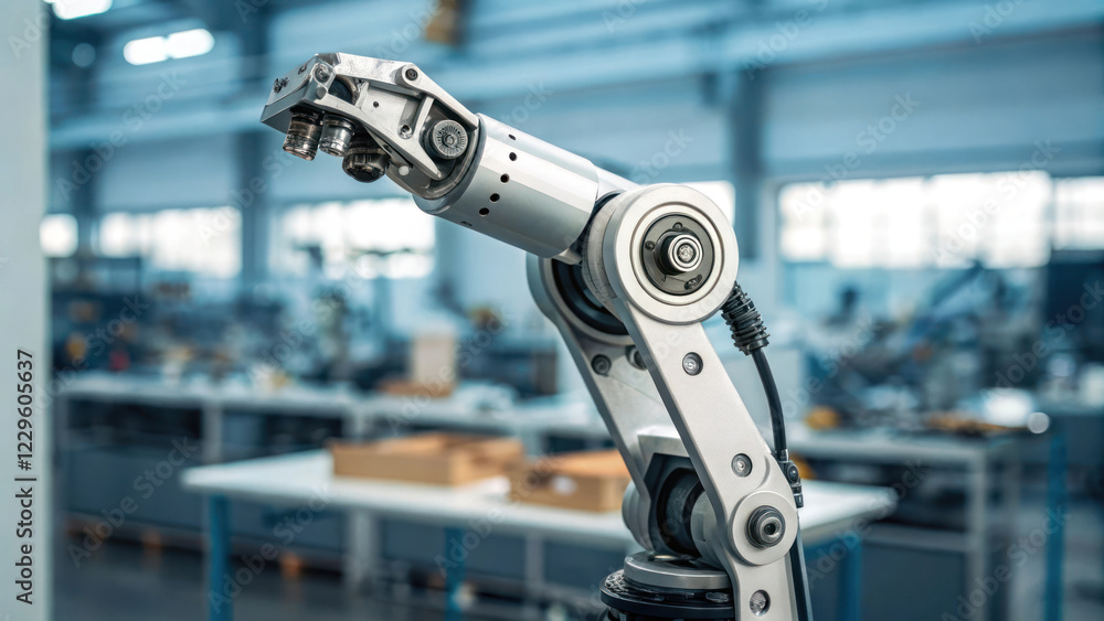 Poster robotic exoskeleton joint in factory setting, showcasing advanced technology and engineering