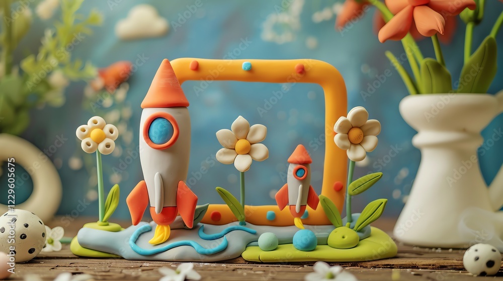 Aufkleber a 3d clay model of a rocket ship with flowers and a frame around it.