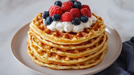 A stack of golden waffles topped with fresh berries and whipped cream.