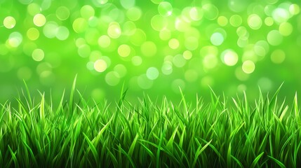 Fototapeta premium Beautiful sunny spring meadow with green grass and blue sky. Abstract background with light bokeh and space for text