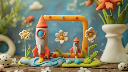 Fototapeta premium A 3D clay model of a rocket ship with flowers and a frame around it.