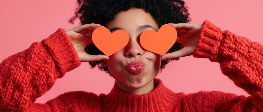 Cheerful woman in orange sweater making heart shapes with hands, playful expression against pink background. Concept of love, joy, and creativity in lifestyle imagery.