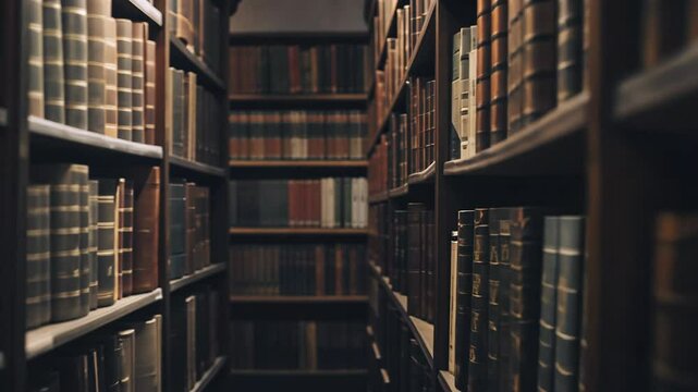 Islam academic concept. Dimly lit library aisle with shelves of books.