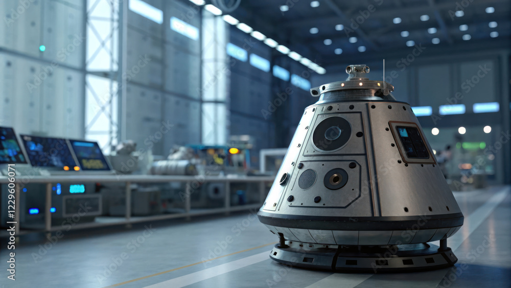 Poster futuristic space exploration device in high tech laboratory setting, showcasing advanced technology 