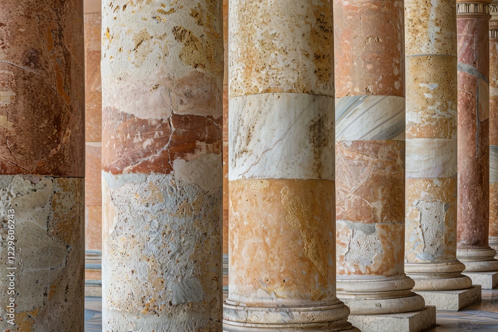 Poster close up view of weathered marble columns showcasing texture and architectural design