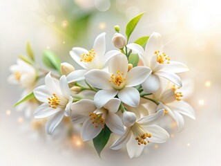 Delicate white orange blossoms burst in a vibrant macro image, captured with long exposure photography.