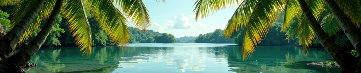 Palm fronds sway above the shore of a tranquil lake, serenity, mangroves