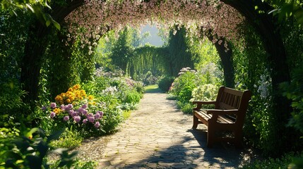 Obraz premium Sunlit Garden Path, Bench, Flower Arch, Peaceful Retreat