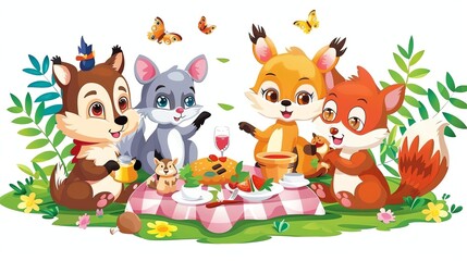 Obraz premium A cartoon illustration of four woodland creatures having a picnic.