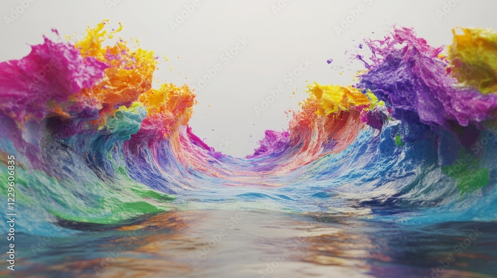 Poster dynamic waves of colorful paint splashes create a vibrant abstract art piece on a reflective surface