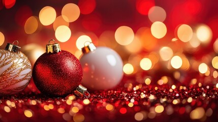 Obraz premium Christmas ornaments, festive decorations on red background with bright bokeh lights, holiday celebration atmosphere, seasonal charm and warm ambiance.
