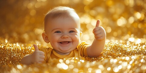 Golden Thumbs-Up: Cheerful Baby in Shiny Gold Shirt
