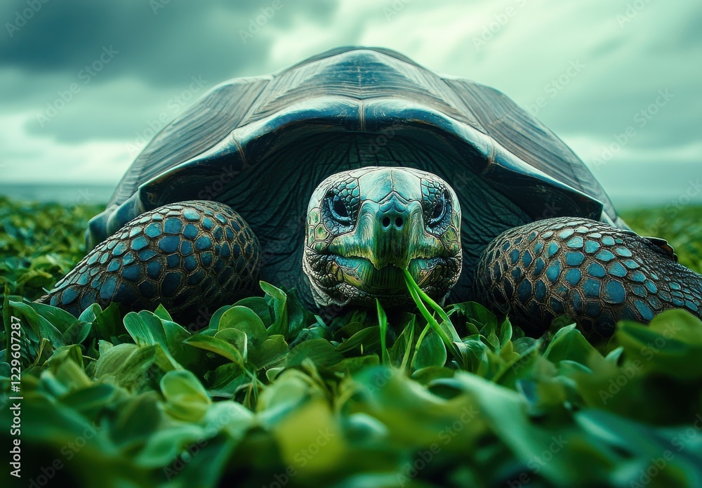 Poster close-up of a majestic turtle grazing on lush greenery under overcast skies, showcasing intricate sh