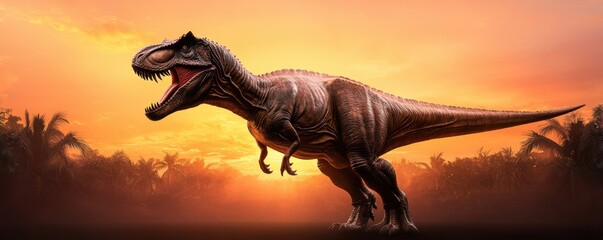 Fototapeta premium Dinosaur roaring at sunset jungle landscape digital artwork nature environment dramatic viewpoint epic concept