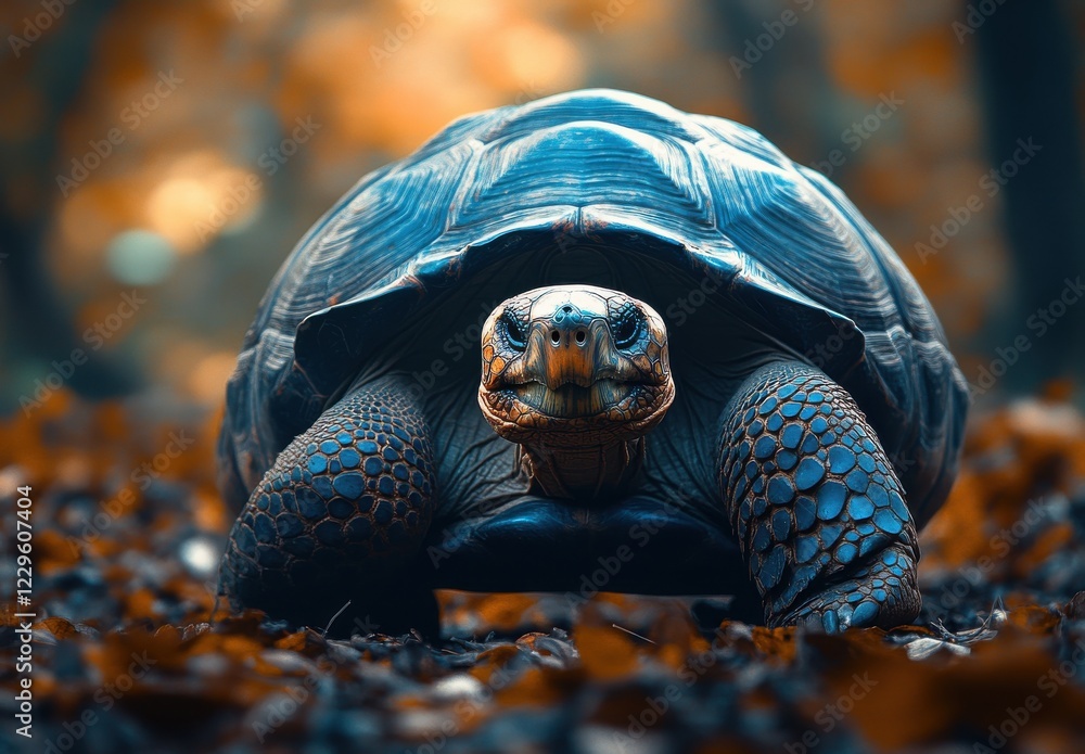 Poster close-up of a majestic turtle in a forest setting surrounded by autumn leaves with a soft focus back