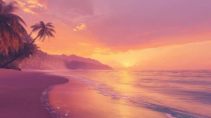 Serene Sunset on a Tropical Beach: Pink Hues and Palm Trees
