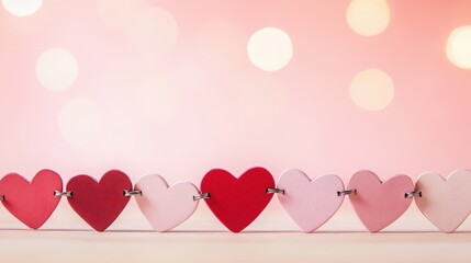 Colorful hearts in a row on a wooden surface with a soft pink bokeh background, perfect for Valentines Day, love themes, or romantic decorations and cards.